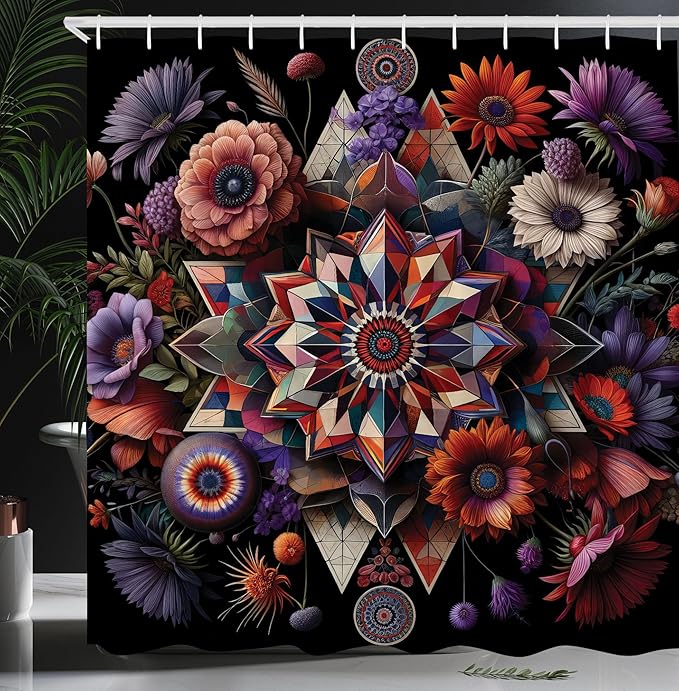 Ambesonne Boho Floral Shower Curtain, Abstract Exotic Flowers Arrange with Trippy Element on Dark Back Print, Cloth Fabric Bathroom Decor Set with Hooks, 69" W x 75" L, Purple Black Coral