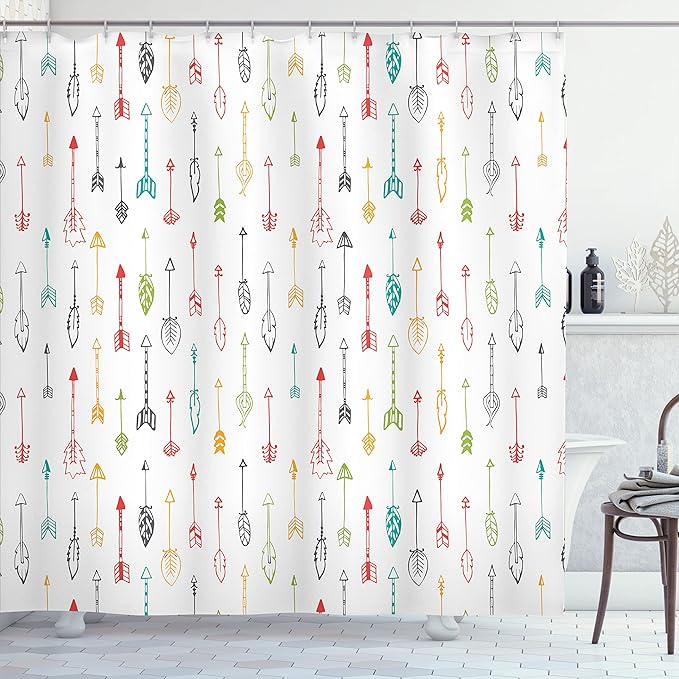 Ambesonne Arrows Shower Curtain, Colorful Hand Drawn Doodle Style Fun Art with Boho Style Arrows Vertical Pattern, Cloth Fabric Bathroom Decor Set with Hooks, 69" W x 75" L, Yellow Green