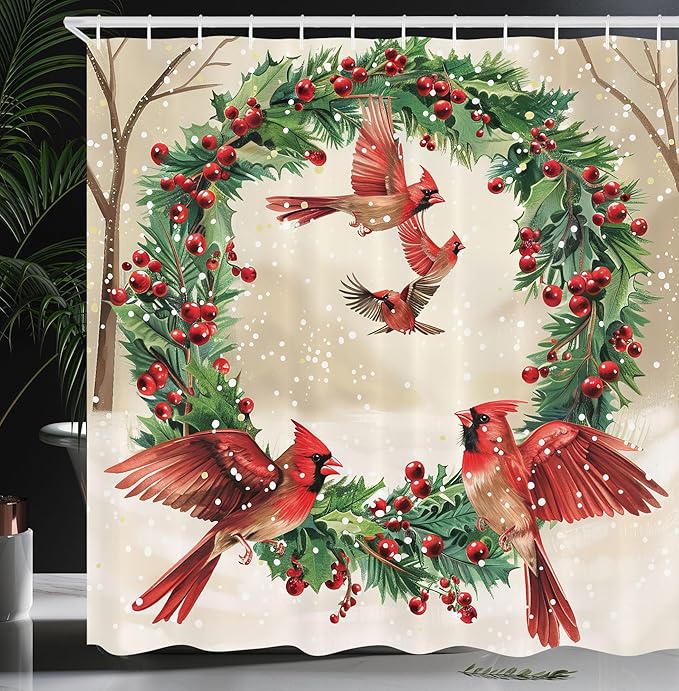 Ambesonne Christmas Shower Curtain, Vintage Red Cardinal Birds and Xmas Wreath Ornate Snowy Visual, Cloth Fabric Bathroom Decor Set with Hooks, 69" W x 84" L, Dark Coral Green and Beige