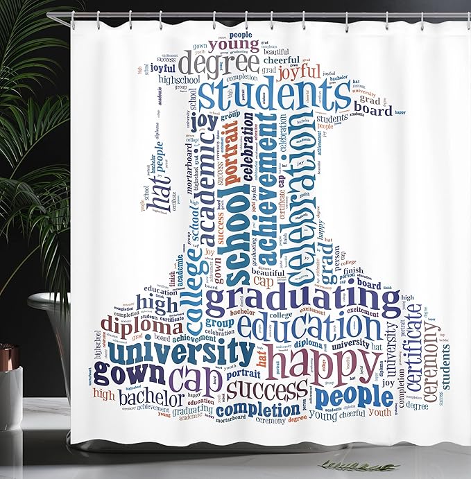 Ambesonne Graduation Shower Curtain, Cap Arrangement Words Bachelor Young Student Grown Art Design, Cloth Fabric Bathroom Decor Set with Hooks, 69" W x 70" L, Navy White