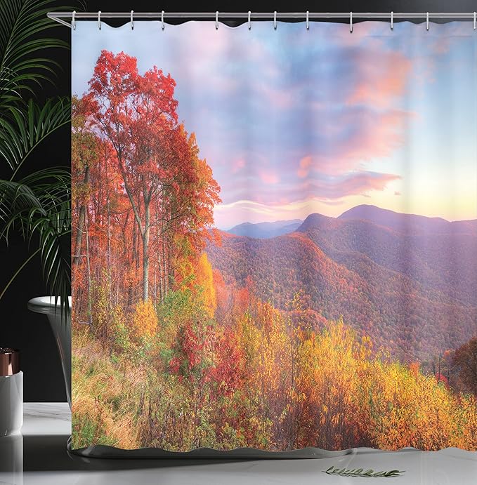 Ambesonne Mountain Shower Curtain, Sunrise Sky Colors Autumn Falls at South Western Village Scenery, Cloth Fabric Bathroom Decor Set with Hooks, 69" W x 70" L, Orange Green
