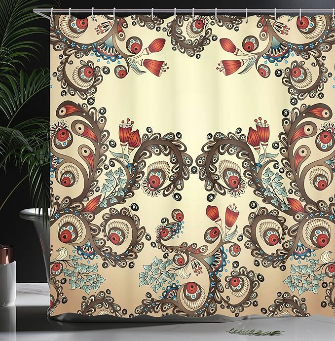 Ambesonne Floral Shower Curtain, Traditional Flower Motif East Culture Inspired Ivy Swirls Sprout, Cloth Fabric Bathroom Decor Set with Hooks, 69" W x 70" L, Brown Black