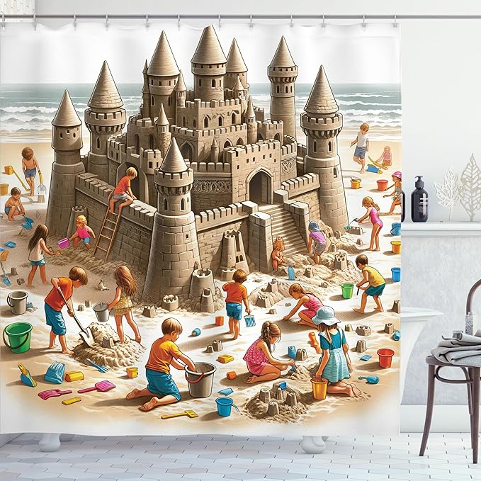 Ambesonne Sand Castle Shower Curtain, Funny Cartoon Design of Playing and Building on The Sandy Beach Shore, Cloth Fabric Bathroom Decor Set with Hooks, 69" W x 70" L, Camel Burnt Orange