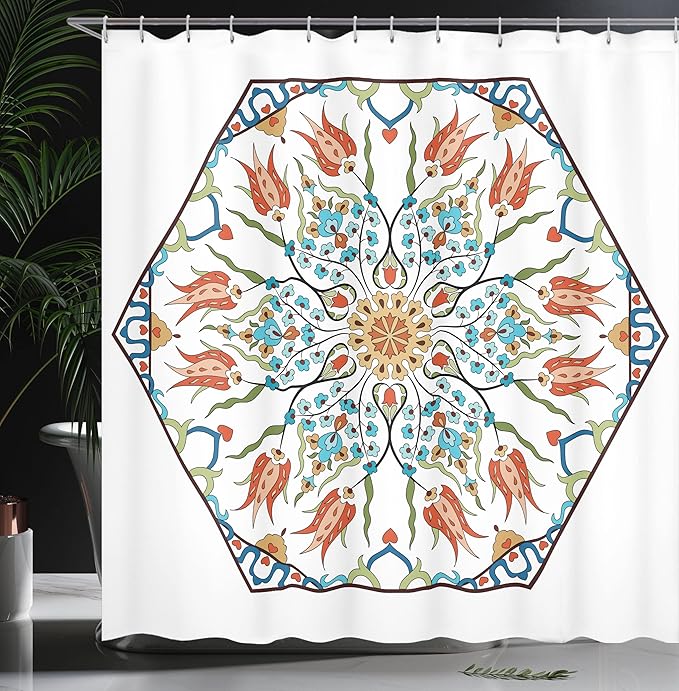 Ambesonne Antique Shower Curtain, Ottoman Turkish Floral Pattern Tulips Medieval Baroque Effect on Dated Art, Cloth Fabric Bathroom Decor Set with Hooks, 69" W x 84" L, Soft Blue