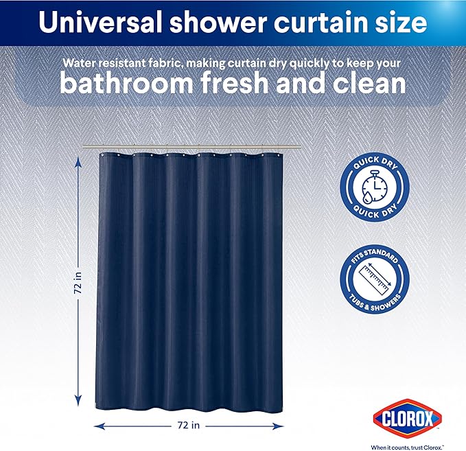Clorox 2-in-1 Bathroom Shower Curtain Liner, Durable Fabric, Weighted Magnets for Bath Water Control, Washable Premium Quality, Modern - 72" x 72" Blue