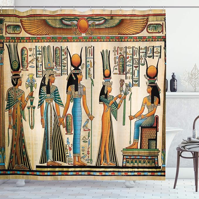 Ambesonne Egyptian Print Shower Curtain, Egyptian Papyrus Depicting Queen Nefertari Making an Offering to Isis Image, Cloth Fabric Bathroom Decor Set with Hooks, 69" W x 84" L, Teal Orange