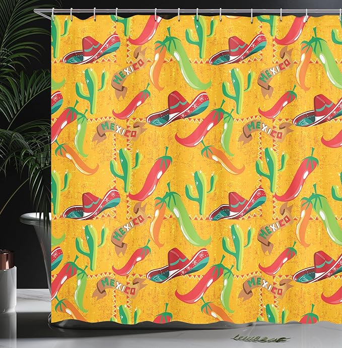 Ambesonne Mexican Shower Curtain, Elements with Cactus Hat and Chili Pepper Pattern Over Grunge Background Print, Cloth Fabric Bathroom Decor Set with Hooks, 69" W x 70" L, Dark Yellow