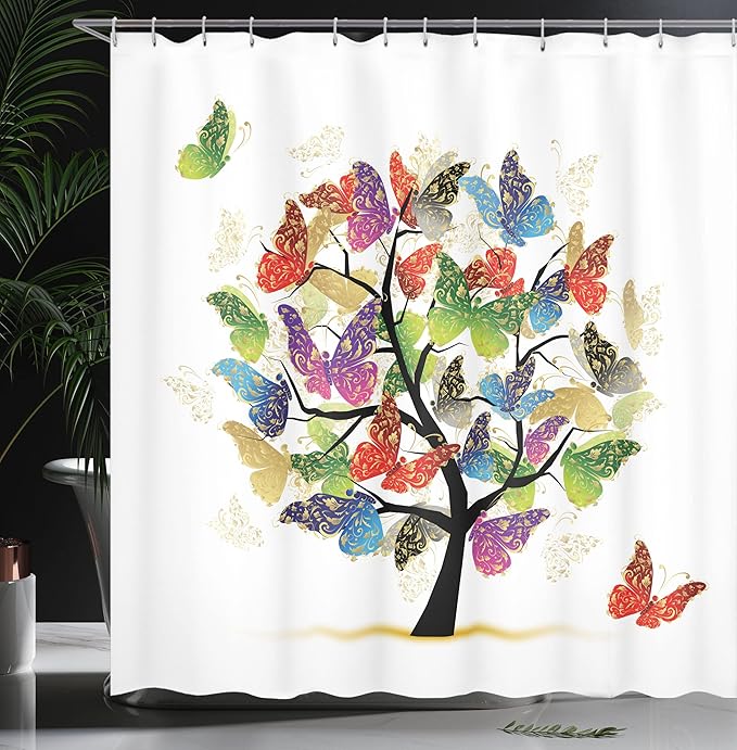Ambesonne Tree of Life Shower Curtain, Shaded Animals Moth Tree Colored Wings Flying New Life Hope Theme Illustration, Cloth Fabric Bathroom Decor Set with Hooks, 69" W x 75" L, Pale Camel