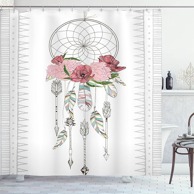 Ambesonne Bohemian Shower Curtain, Hand Drawn Illustration of a Dreamcatcher Boho Form Design Feathers Flowers, Cloth Fabric Bathroom Decor Set with Hooks, 69" W x 70" L, Pale Rose