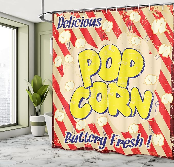 Ambesonne 1960s Shower Curtain, Popcorn Vintage Grunge Delicious Buttery Tasty Movie Advertising, Cloth Fabric Bathroom Decor Set with Hooks, 69" W x 70" L, Blue Scarlet