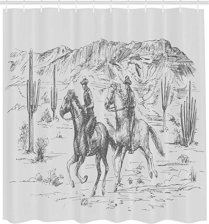 Ambesonne Western Shower Curtain, Country Theme Hand Drawn Illustration of American Wild West Desert with Cowboys, Cloth Fabric Bathroom Decor Set with Hooks, 69" W x 70" L, Light Grey
