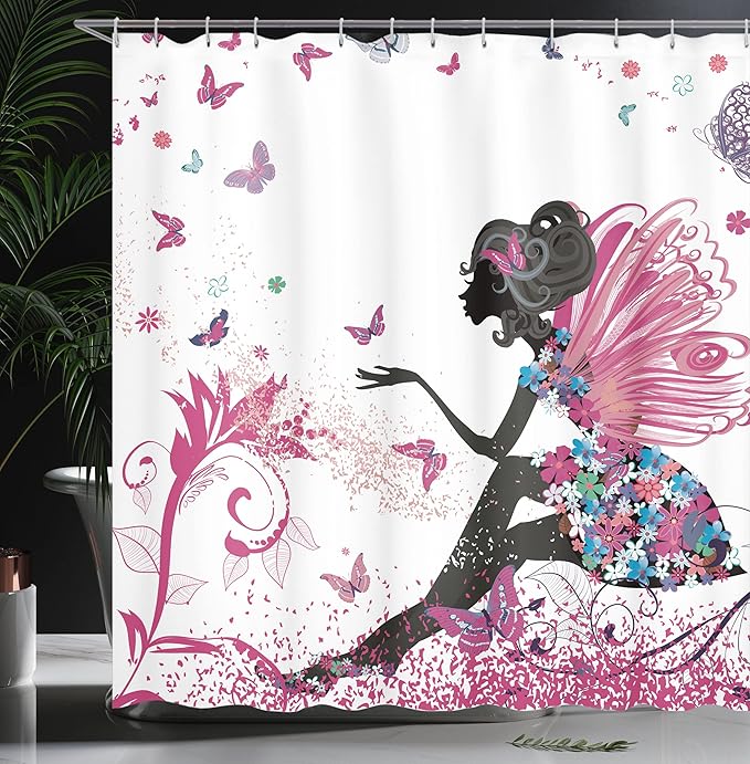 Ambesonne Fantasy Shower Curtain, Spring Girl Wings in a Floral Dress Surreal Garden Butterflies Print, Cloth Fabric Bathroom Decor Set with Hooks, 69" W x 75" L, Magenta Black