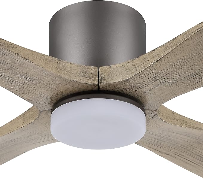 WINGBO 54 Inch Flush Mount DC Ceiling Fan with Lights and Remote, 4 Reversible Carved Wood Blades, 6-Speed Noiseless DC Motor, Hugger Ceiling Fan in Graphite Finish with Gray Blades