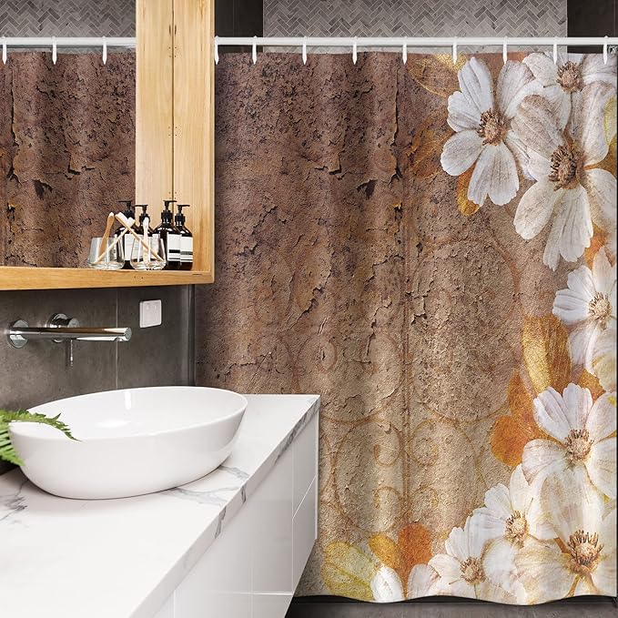 Ambesonne Grunge Stall Shower Curtain, Flowers and Leaves Pattern on Cracked Wall with Floral Lines Classic Design, Fabric Bathroom Decor Set with Hooks, 54" W x 78" L, White Brown