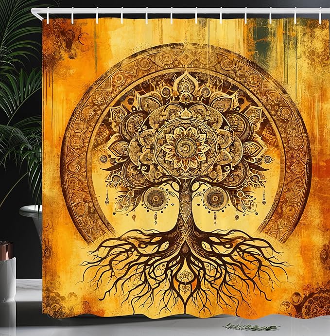 Ambesonne Boho Shower Curtain, Oriental Atmosphere Warm Tone Mandala Ornate Life Tree with Grungy Hues, Cloth Fabric Bathroom Decor Set with Hooks, 69" W x 70" L, Burnt Orange Dark Taupe