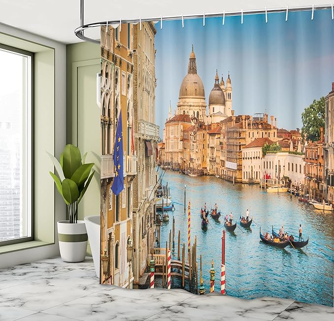 Ambesonne Scenery Shower Curtain, Gondolas on The Canal Grande Sunset in Venice City Romantic View Image Print, Cloth Fabric Bathroom Decor Set with Hooks, 69" W x 70" L, Blue and Tan
