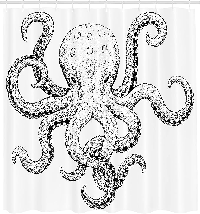 Ambesonne Octopus Shower Curtain, Sketch Style Print of Deadly Blue Ringed Octopus Camouflage Marine Animal Aquatic, Cloth Fabric Bathroom Decor Set with Hooks, 69" W x 75" L, Black Ecru