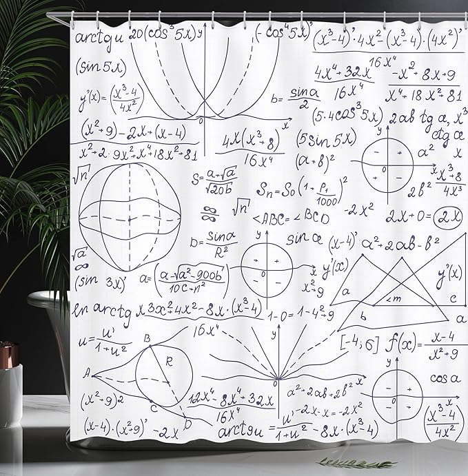 Ambesonne Modern Shower Curtain, Classic Math Geometry Science Themed Numbers Pattern on Plain Background, Cloth Fabric Bathroom Decor Set with Hooks, 69" W x 84" L, Dark Purple and White
