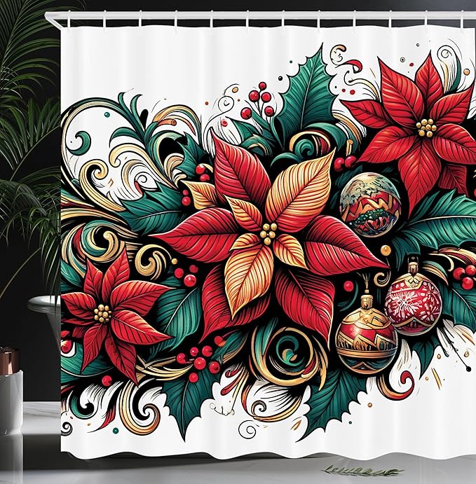 Ambesonne Christmas Shower Curtain, Poinsettia Xmas Flowers with Ornate Globes Illustration Print, Cloth Fabric Bathroom Decor Set with Hooks, 69" W x 75" L, Hot Pink Forest Green and Tan