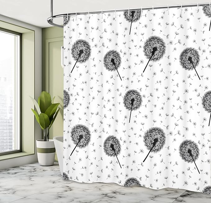 Ambesonne Black White Shower Curtain, Dandelions Floating in The Wind Freedom Spring Wildflowers Nature Floral, Cloth Fabric Bathroom Decor Set with Hooks, 69" W x 70" L, Black White