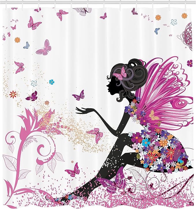 Ambesonne Fantasy Shower Curtain, Spring Girl Wings in a Floral Dress Surreal Garden Butterflies Print, Cloth Fabric Bathroom Decor Set with Hooks, 69" W x 84" L, Pastel Pink