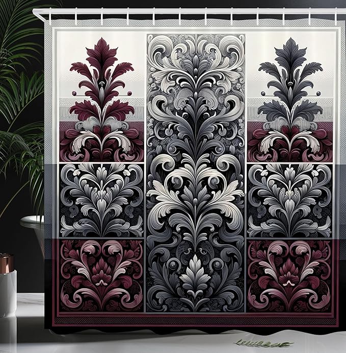 Ambesonne Damask Shower Curtain, Vintage Inspired Opulent Themed Leafy Ornaments Nature Abloom Print, Cloth Fabric Bathroom Decor Set with Hooks, 69" W x 84" L, Maroon and Dark Blue Grey
