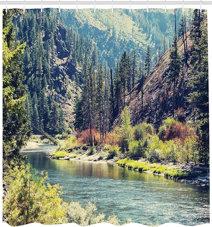 Ambesonne Landscape Shower Curtain, Scenic Mountain with Pine Trees and Flowing River Colorful Foliage Daytime Nature, Cloth Fabric Bathroom Decor Set with Hooks, 69" W x 84" L, Blue Night