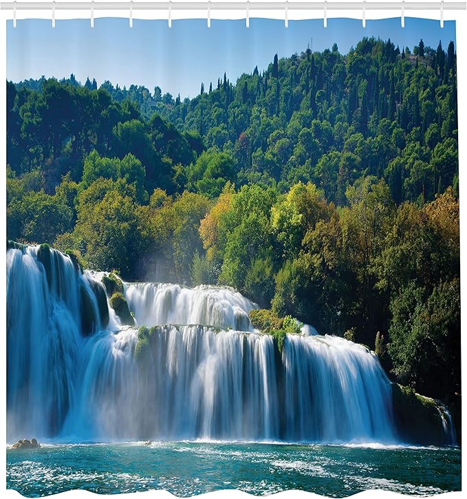 Ambesonne Waterfall Shower Curtain, Scenic Waterfall on The River and Forest Wild Space Life on Earth Photo, Cloth Fabric Bathroom Decor Set with Hooks, 69" W x 70" L, Green Blue Ivory