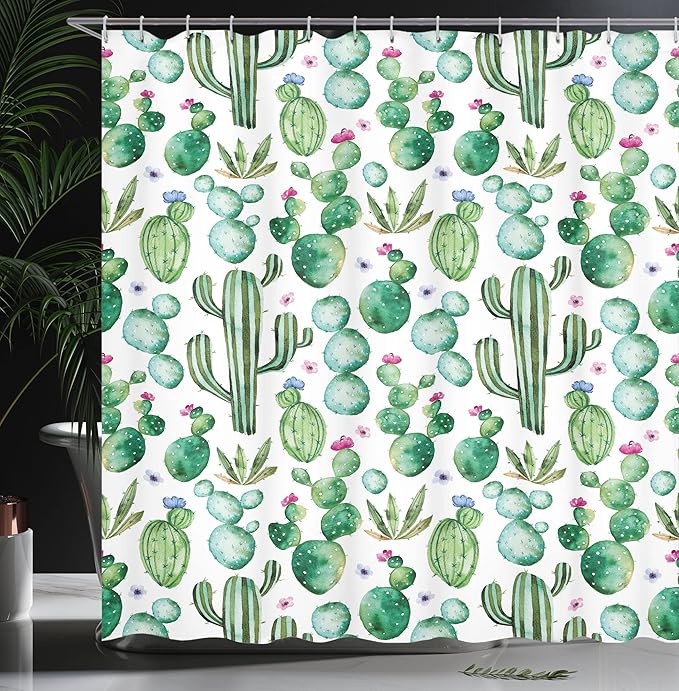 Ambesonne Green Shower Curtain, Mexican Texas Cactus Plants Spikes Cartoon Like Print, Cloth Fabric Bathroom Decor Set with Hooks, 69" W x 75" L, Lime Green Pale Pink