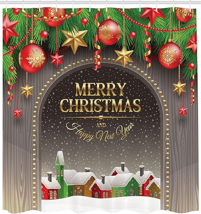 Ambesonne Christmas Shower Curtain, Classic Rustic Design Season Greetings Yellow Colored Letters Village Ornaments, Cloth Fabric Bathroom Decor Set with Hooks, 69" W x 75" L, Red Green