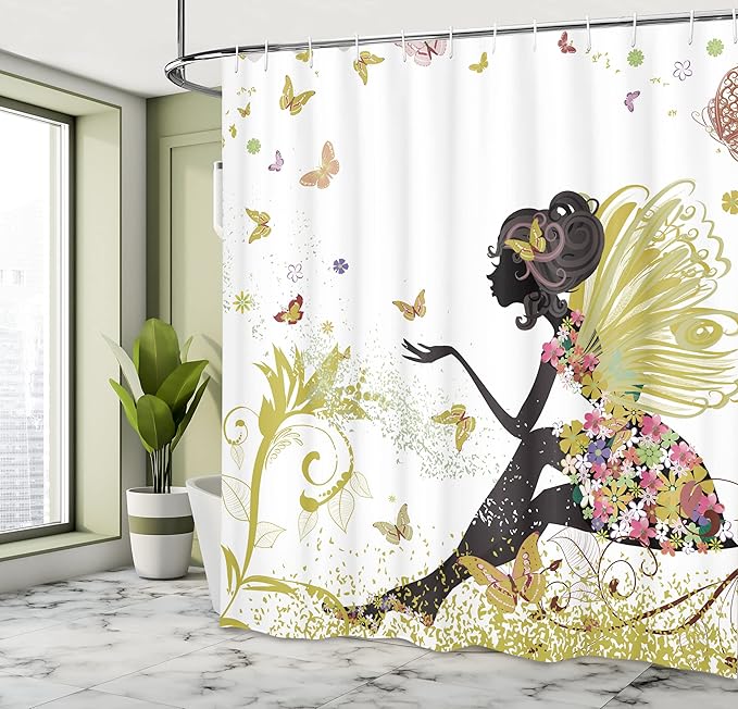 Ambesonne Fantasy Shower Curtain, Spring Girl Wings in a Floral Dress Surreal Garden Butterflies Print, Cloth Fabric Bathroom Decor Set with Hooks, 69" W x 70" L, Pale Earth