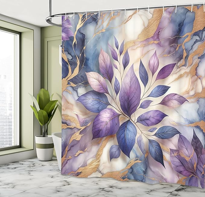 Ambesonne Purple Shower Curtain, Modern Marble Print Illustration Featuring Indigo Tone Leaves Dream, Cloth Fabric Bathroom Decor Set with Hooks, 69" W x 84" L, Lavender Pale Coffee Blue
