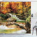 Ambesonne Waterfall Shower Curtain, Autumn Seasonal Woodland Creek Trees Foliage Rocks in Forest Image, Cloth Fabric Bathroom Decor Set with Hooks, 69" W x 70" L, Coffee Orange