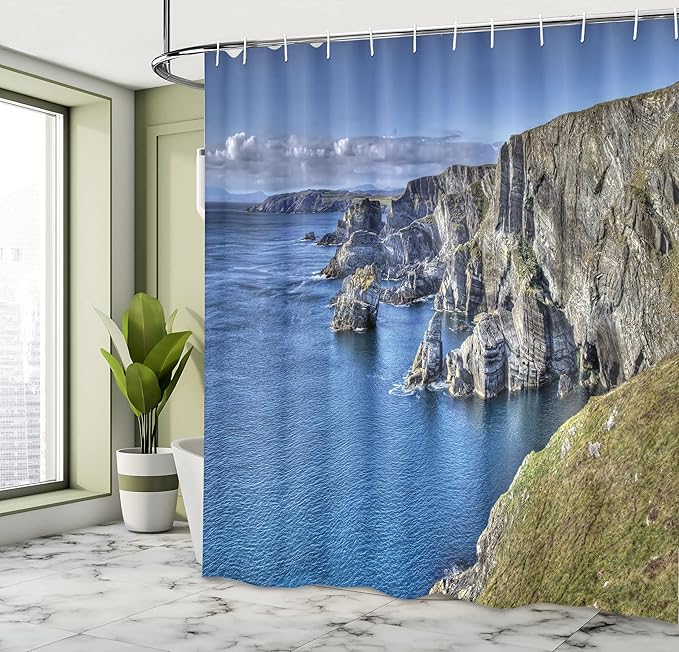 Ambesonne Coastal Shower Curtain, Atlantic Coast Cliffs at Mizen Head County Cork of Ireland by The Ocean Coastal Scenery Picturesque, Cloth Fabric Bathroom Set with Hooks, 69" W x 75" L, Taupe Green