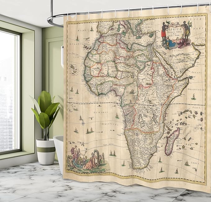 Ambesonne Antique Shower Curtain, Old Map of Africa Continent Historic Rustic Manuscript Geography, Cloth Fabric Bathroom Decor Set with Hooks, 69" W x 75" L, Brown Sand