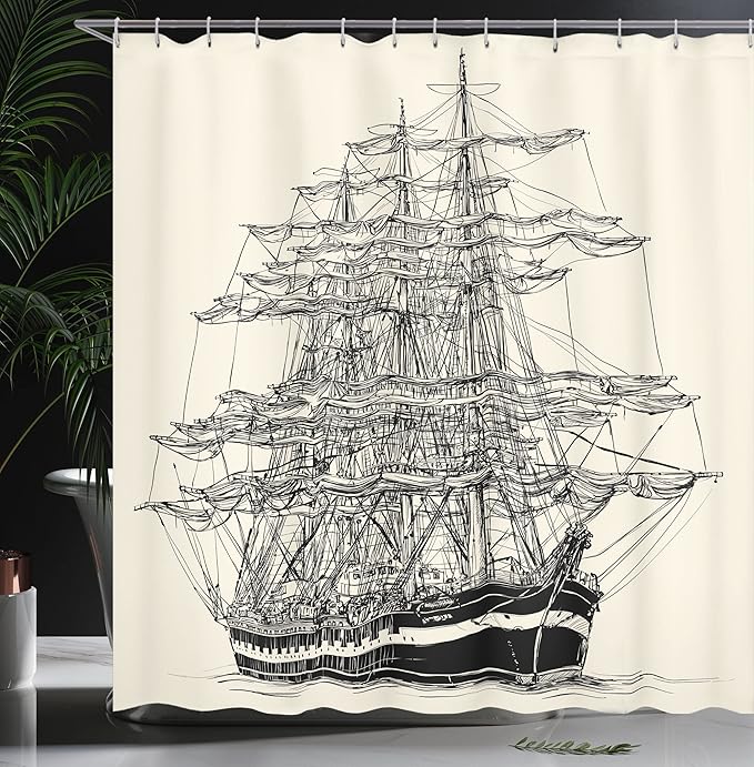 Ambesonne Pirate Ship Shower Curtain, Sailing Boat Detailed Illustration Nautical Maritime Theme Vintage Style Art, Cloth Fabric Bathroom Decor Set with Hooks, 69" W x 70" L, Cream Black