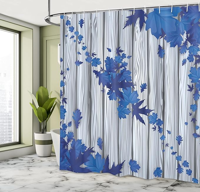 Ambesonne Autumn Shower Curtain, Fall Maple Leafs Tree Diagonal Leaves Foliage Rustic Wooden Planks Illustration, Cloth Fabric Bathroom Decor Set with Hooks, 69" W x 75" L, Cobalt Blue