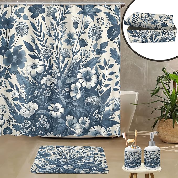Ambesonne Navy Blue Bathroom Decor Set 4 Pcs Including Shower Curtain with Hooks Bath Mat Soap Dispenser Toothbrush Holder in Box Essentials & Accessories, Boho Daisy Art, Dark Slate Blue Coconut