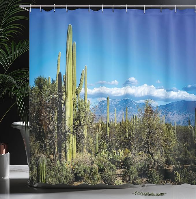 Ambesonne Desert Shower Curtain, Wide View of The Tucson Countryside with Cacti Rural Wild Landscape Arizona Phoenix, Cloth Fabric Bathroom Decor Set with Hooks, 69" W x 70" L, Green Blue