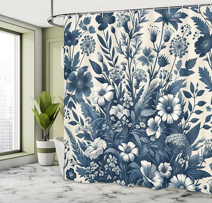 Ambesonne Navy Blue Shower Curtain, Vintage Style Cottagecore Spring Night Floral Arrange Wildflowers, Cloth Fabric Bathroom Decor Set with Hooks, 69" W x 70" L, Dark Slate Blue Coconut
