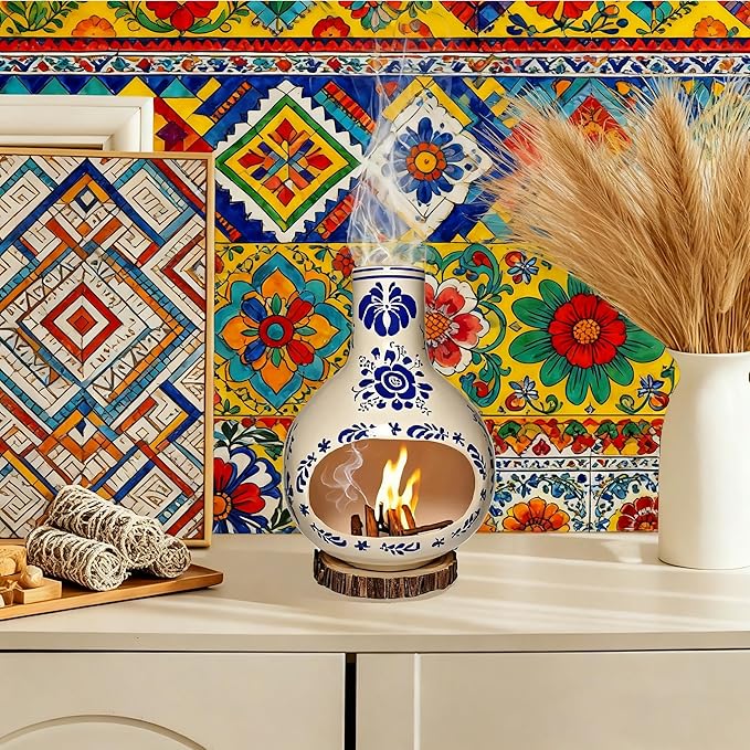 Ceramic Incense Holder Palo Santo Burner Talavera Mexican Pottery Decor for Home 7.5" Mini Chimenea Incense Burner for Sage Sticks Rituals, Christmas Yoga Spa Gifts