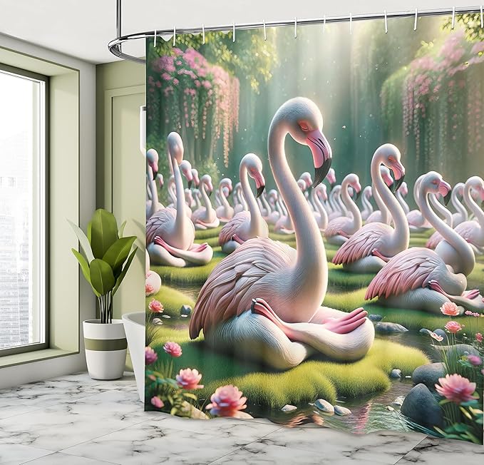 Ambesonne Flamingo Shower Curtain, Serene Birds Surreal and Peaceful Nature Scenery Forest and Lake, Cloth Fabric Bathroom Decor Set with Hooks, 69" W x 70" L, Soft Pink and Lime Green