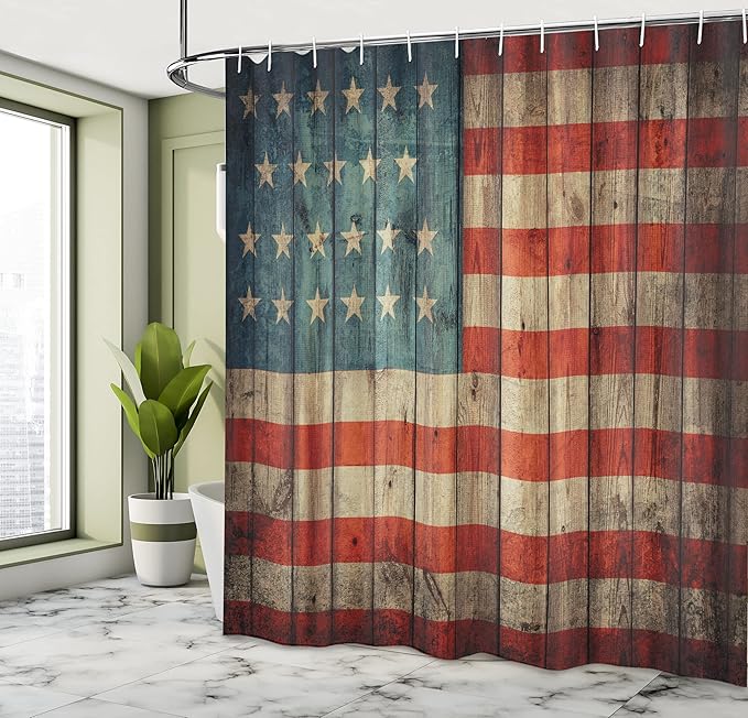 Ambesonne USA Shower Curtain, Fourth of July Independence Day Painted Old Wooden Rustic Background Patriot, Cloth Fabric Bathroom Decor Set with Hooks, 69" W x 75" L, Blue Red