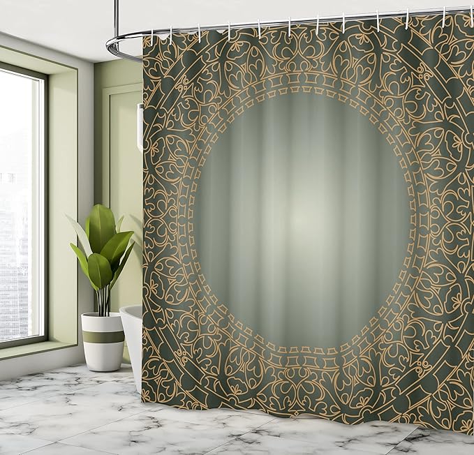 Ambesonne Mandala Shower Curtain, Vintage Frame Eastern Motifs Traditional Retro Classic Art Illustration, Cloth Fabric Bathroom Decor Set with Hooks, 69" W x 70" L, Dark Olive