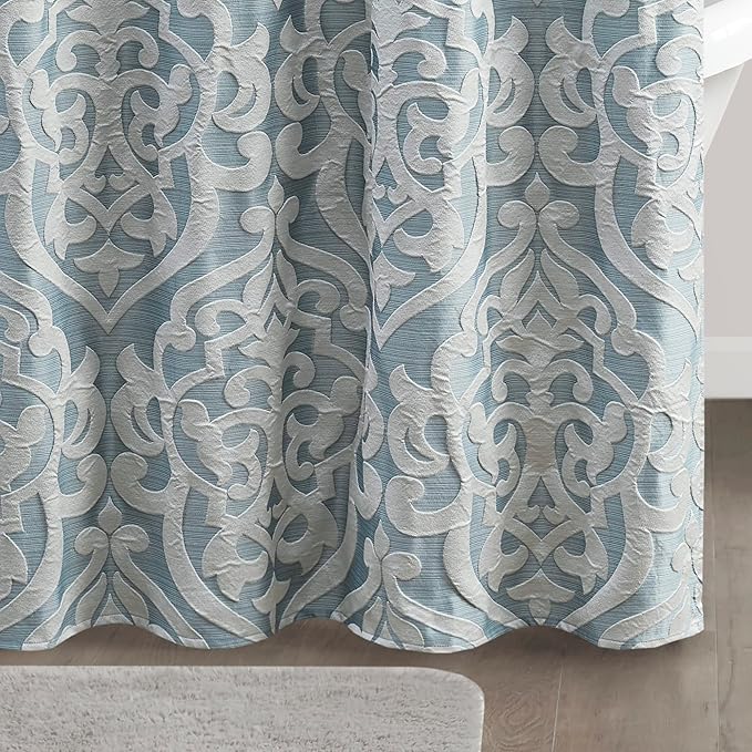 Madison Park Odette Fabric Shower Curtain Luxe Textured Jacquard, Damask Medallion Machine Washable Modern Home Bathroom Decor, Bathtub Privacy Screen, 72" x 72", Aqua/Silver