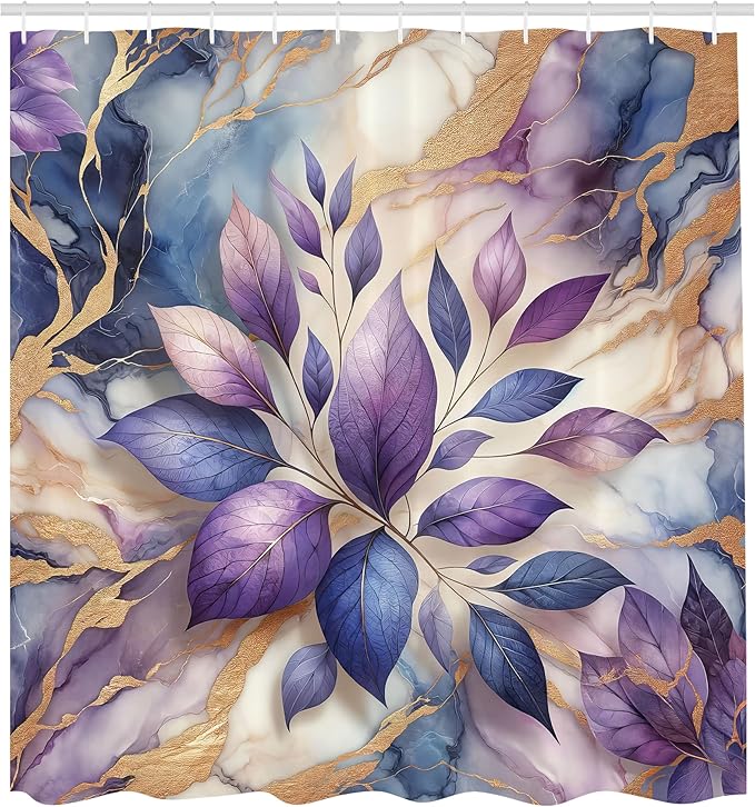 Ambesonne Purple Shower Curtain, Modern Marble Print Illustration Featuring Indigo Tone Leaves Dream, Cloth Fabric Bathroom Decor Set with Hooks, 69" W x 75" L, Lavender Pale Coffee Blue