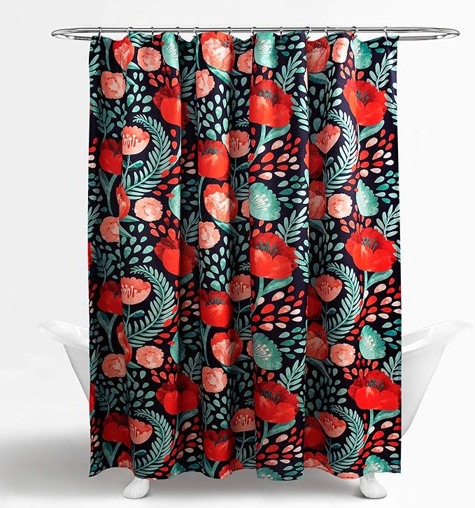 Lush Decor Poppy Garden Shower Curtain Single 72" W x 72" L Navy - Floral Shower Curtains for Bathroom - Colorful Bathroom Curtain - Cottage Core Decor