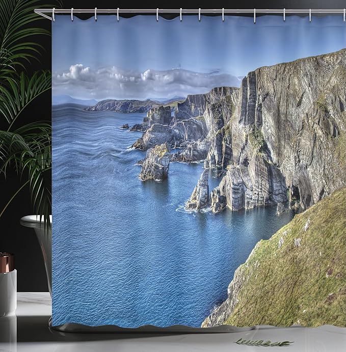 Ambesonne Coastal Shower Curtain, Atlantic Coast Cliffs at Mizen Head County Cork of Ireland by The Ocean Coastal Scenery Picturesque, Cloth Fabric Bathroom Set with Hooks, 69" W x 75" L, Taupe Green