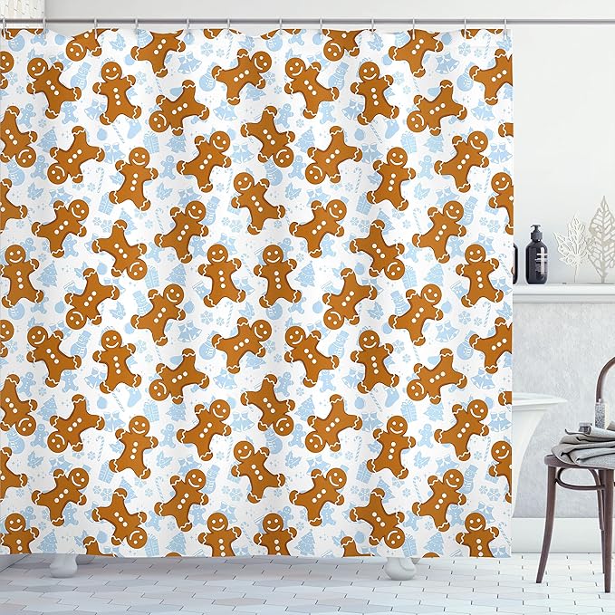 Ambesonne Gingerbread Man Shower Curtain, Traditional Christmas Cookie Pattern Tile, Cloth Fabric Bathroom Decor Set with Hooks, 69" W x 70" L, Light Caramel