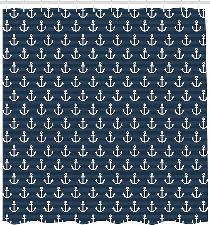 Ambesonne Nautical Shower Curtain, Anchor Pattern Marine Themed Symmetric Adventure Cottage Ship Boat Motif, Cloth Fabric Bathroom Decor Set with Hooks, 69" W x 75" L, Dark Blue